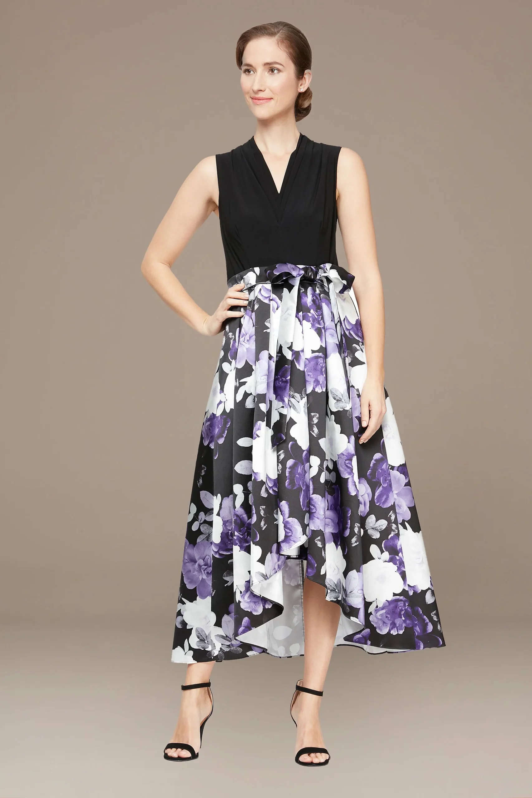 V-Neck High-Low Gown with Printed Mikado Skirt