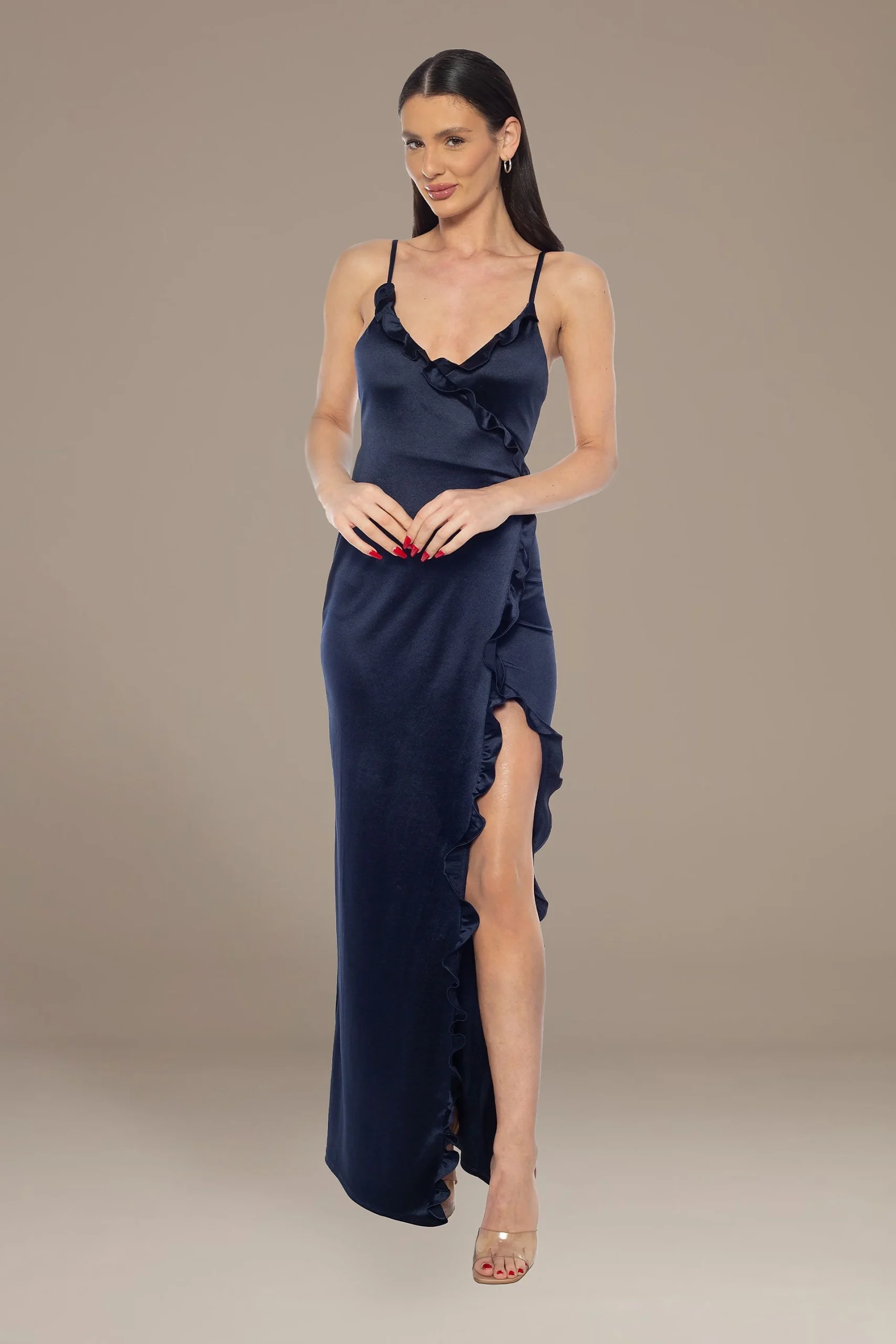 V-Neck Knit Ruffle Sheath Dress with Slit