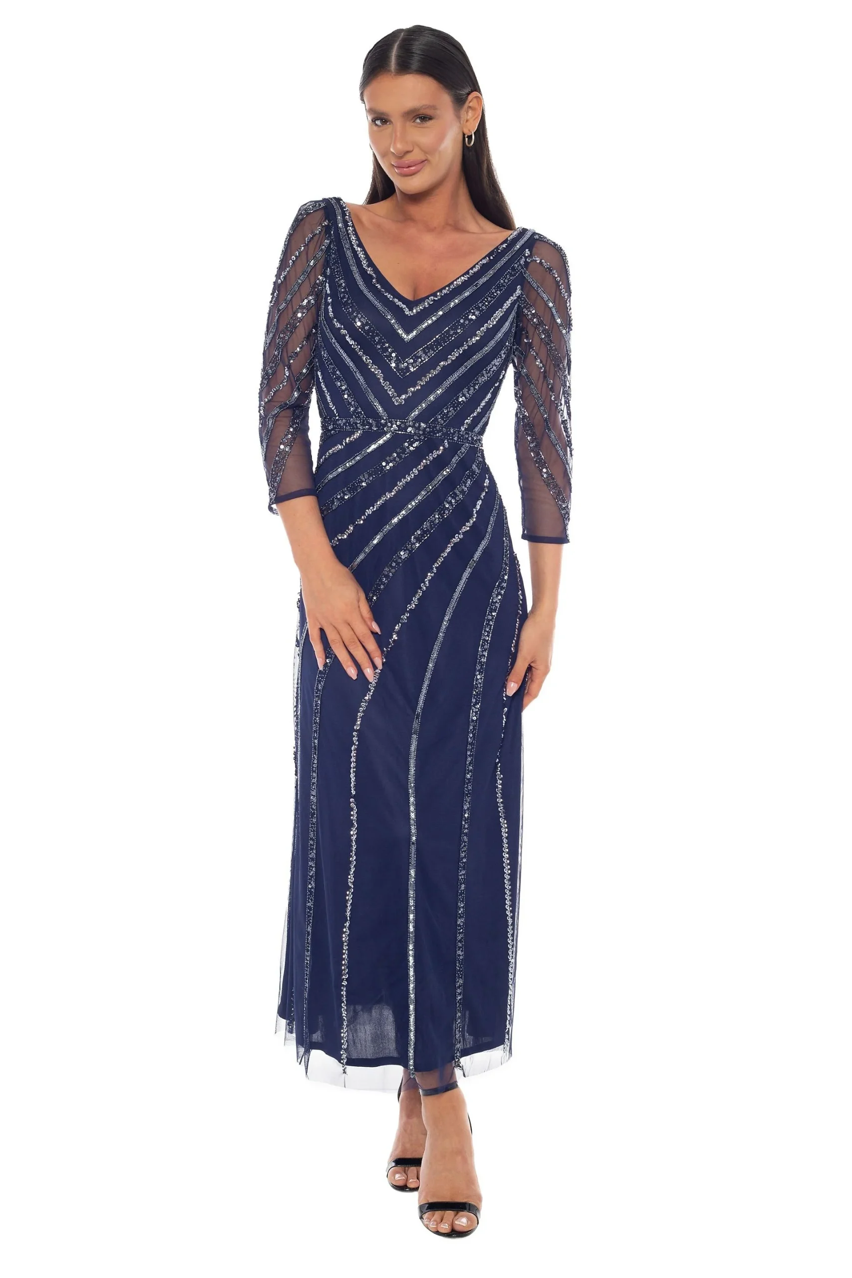 V-Neck Long Sleeve Beaded Gown
