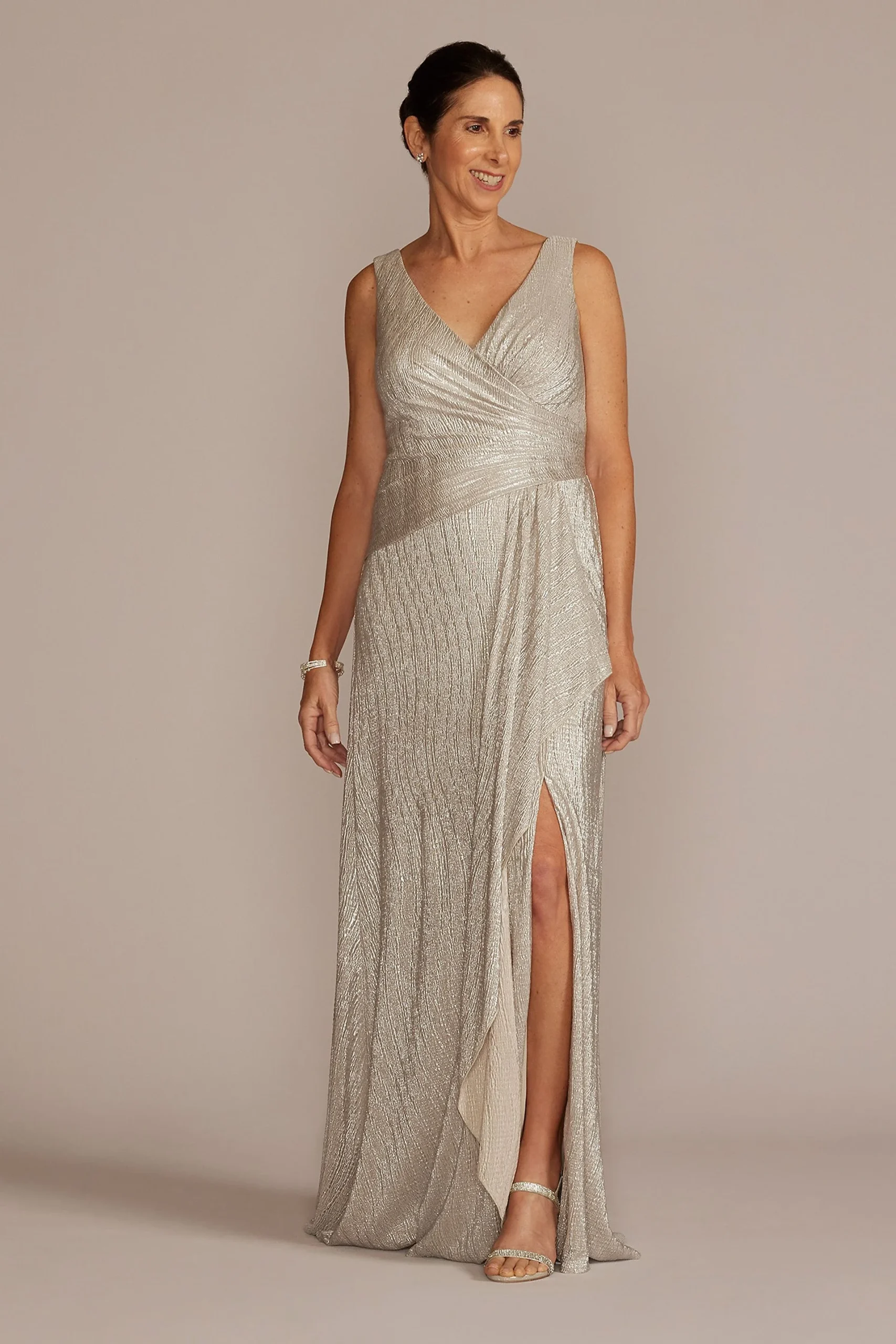 V-Neck Metallic Sheath Gown with Skirt Slit