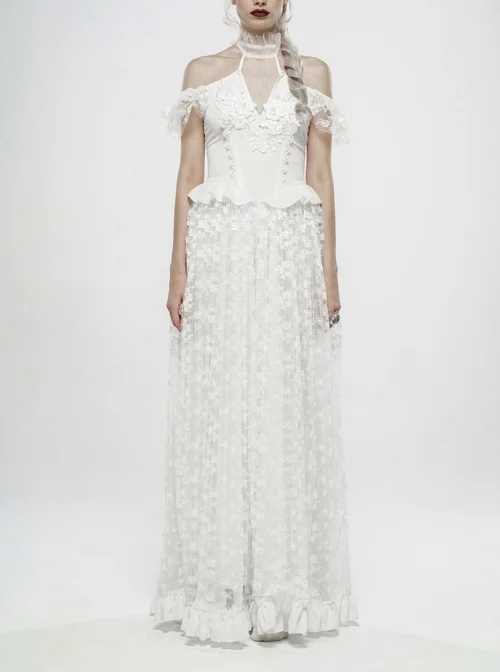 V-Neck Off-Shoulder Chest Splice Mesh Lace Cuff Pleated Hem White Gothic Halter Long Dress