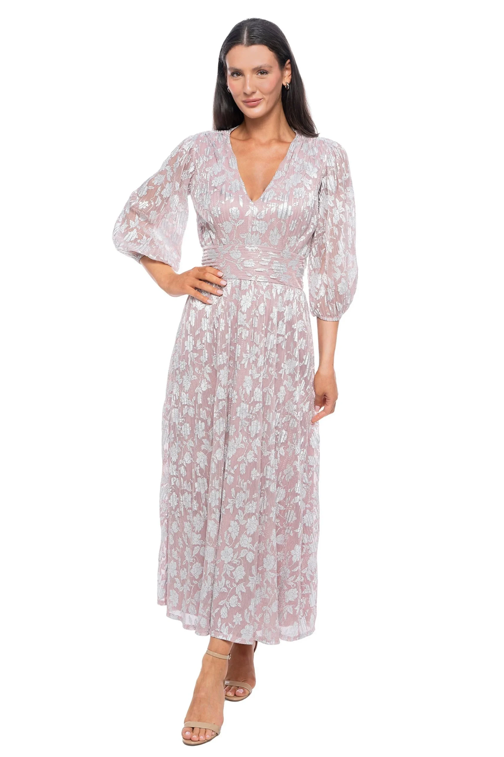 V-Neck Rouched Waisted Midi Gown