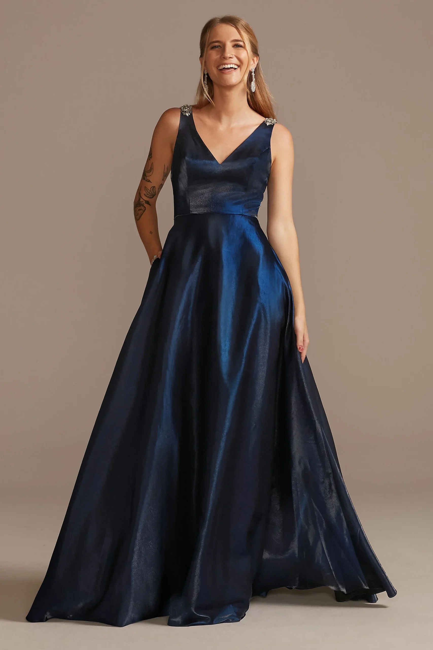 V-Neck Satin Ball Gown with Crystal Strap Details