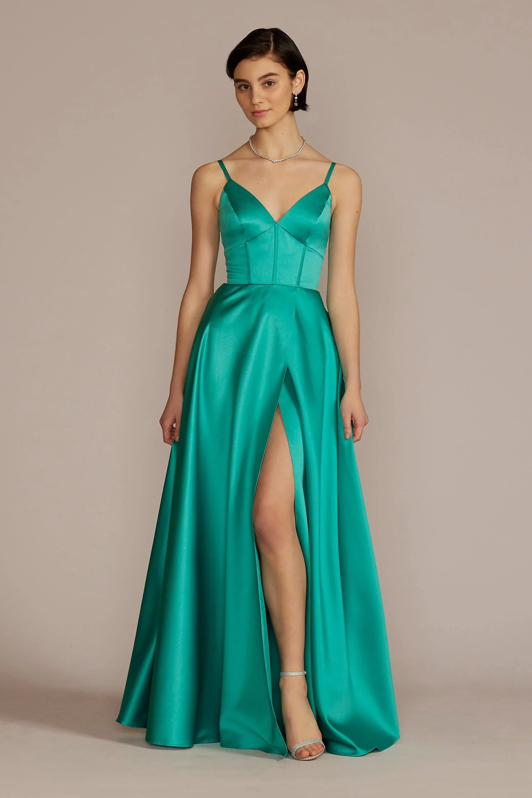 V-Neck Satin A-Line Gown with Corset Bodice