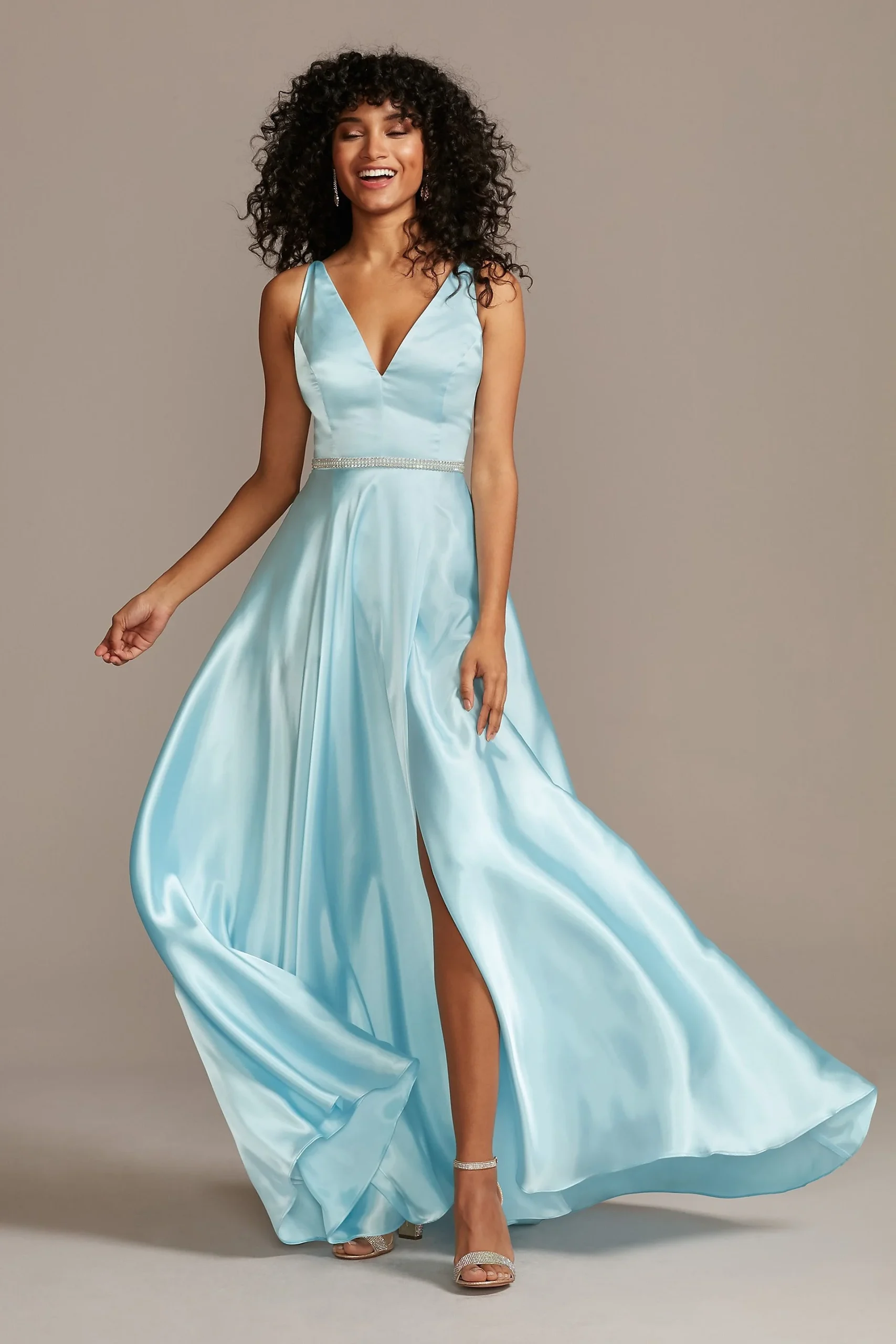 V-Neck Satin Split Skirt Gown with Crystal Belt