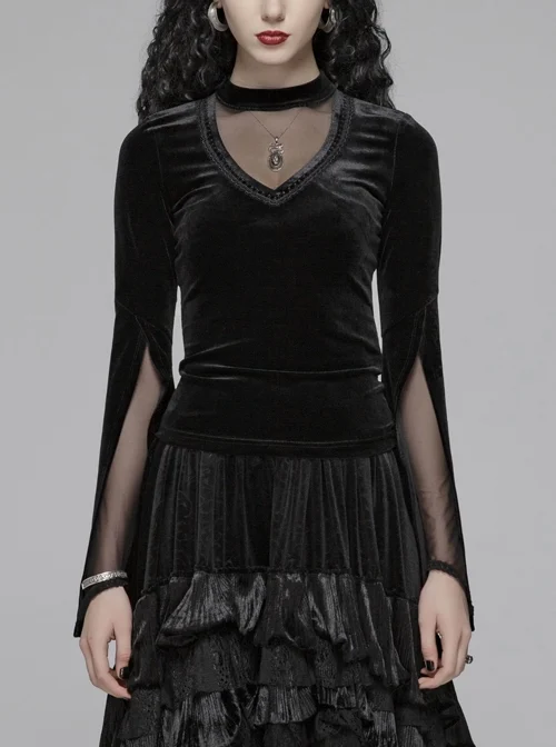 V-Neck Splice Mesh Slit Flare Sleeve Black Gothic Velvet T-Shirt