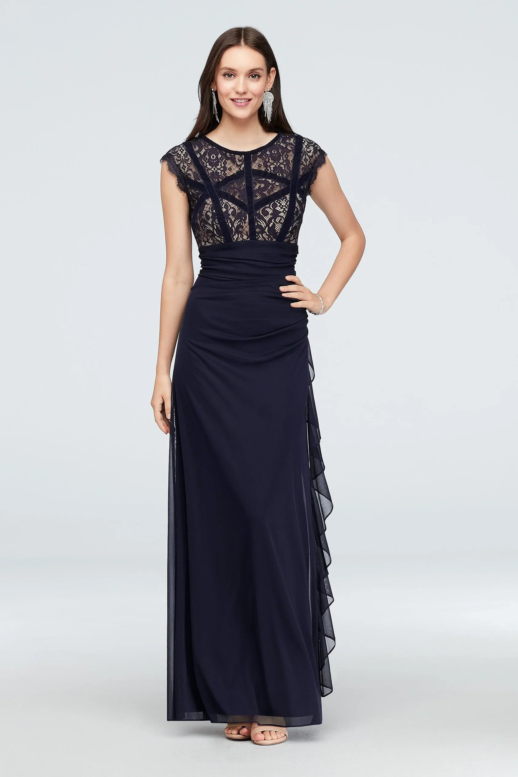Velvet-Banded Lace and Chiffon Cap Sleeve Go