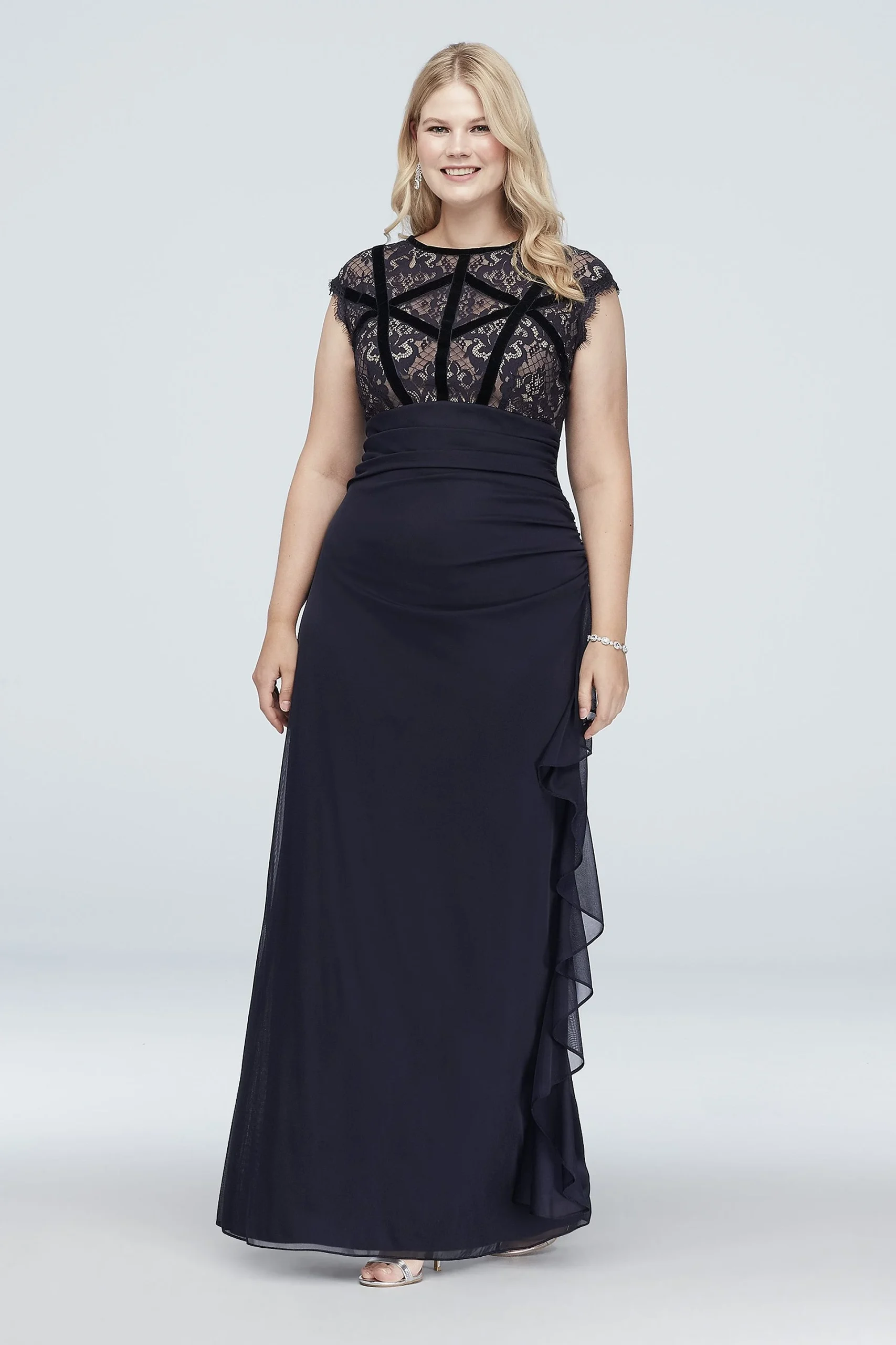 Velvet-Banded Lace and Chiffon Plus Size Gow