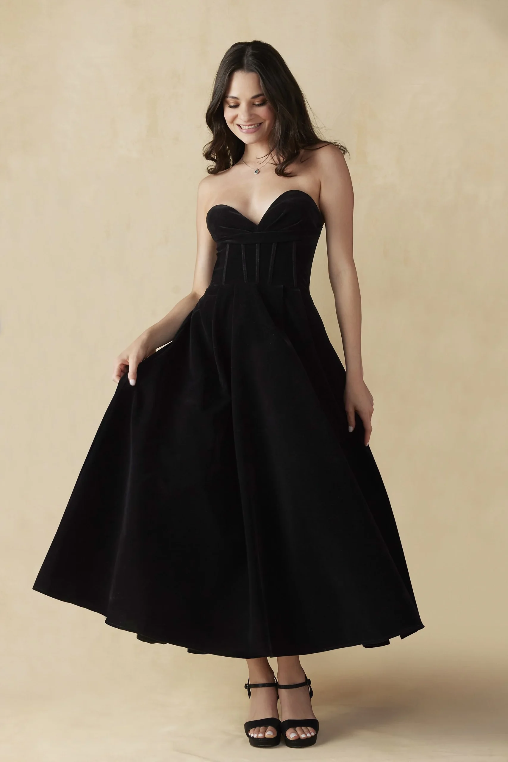 Velvet Tea-Length Dress with Lace-Up Back