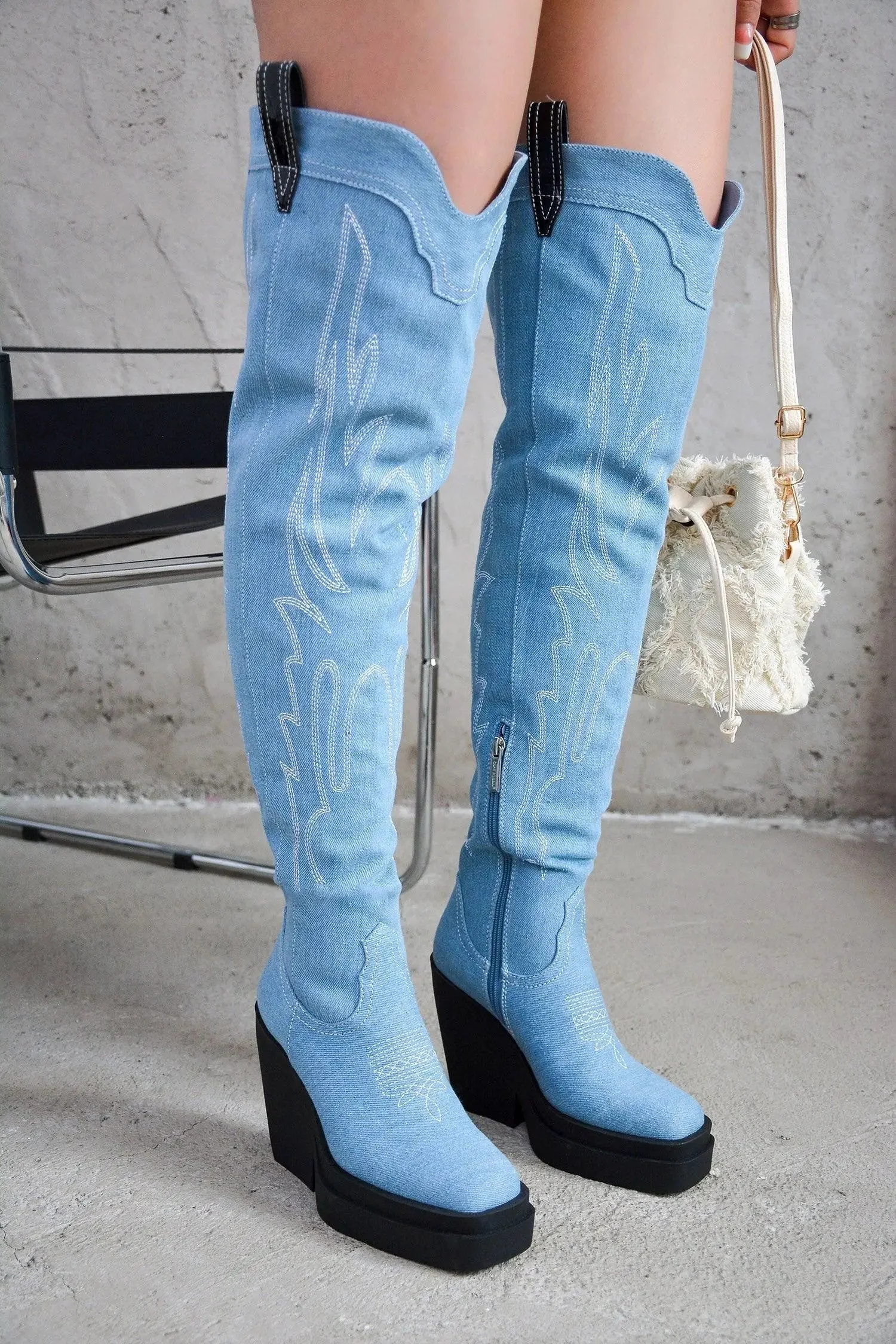 VIENTIANE - DENIM Thigh High Boots