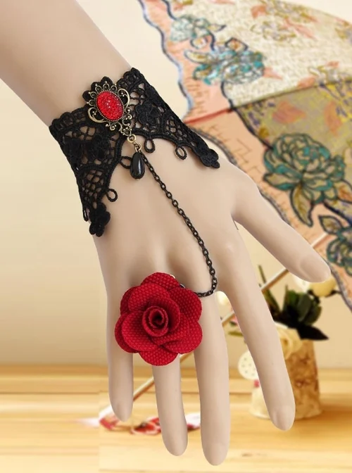 Vintage Red Rose Gothic Black Lace Pearl Band Ring Bracelet