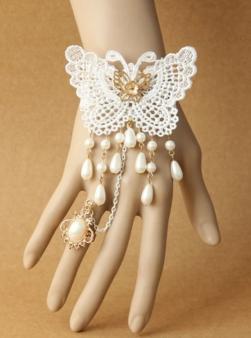 Vintage White Baroque Lace Butterfly Pearl Bride Palace Style Finger Ring Bracelet