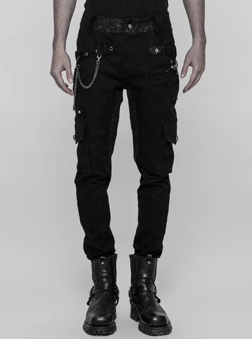 Waist Head Splice Floral Woven Right Side Chain Metal Rivets Decoration Black Punk Trousers