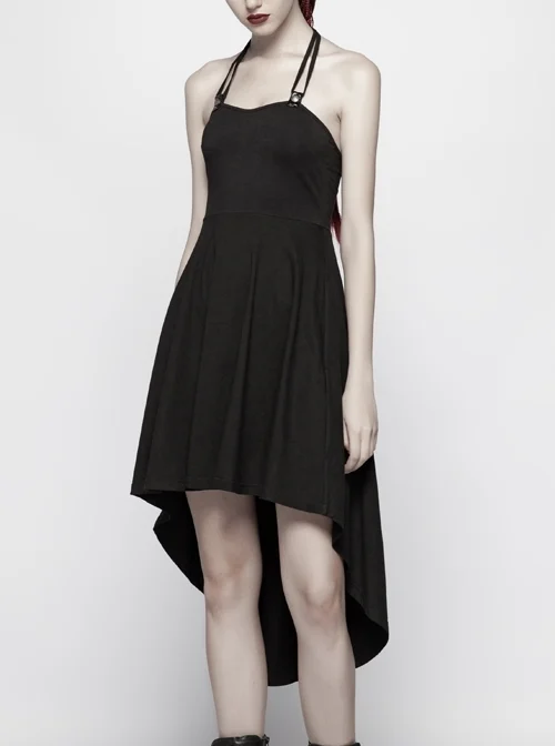 Waist Metal Eyelets Belt Back Spine Shape PU Leather Decoration Black Punk Halter Dress