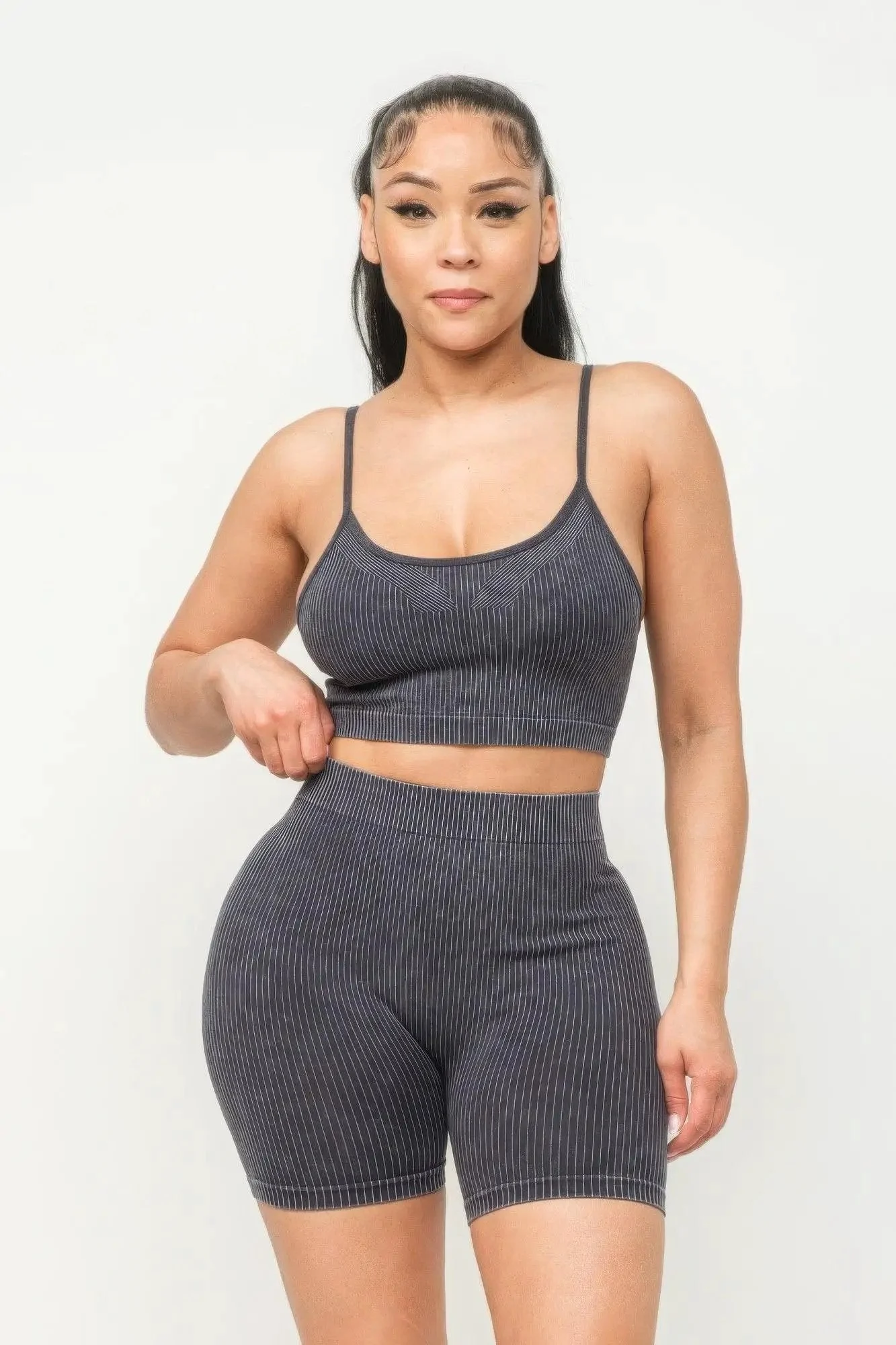 Washed Seamless Basic Tank Top And Shorts Set