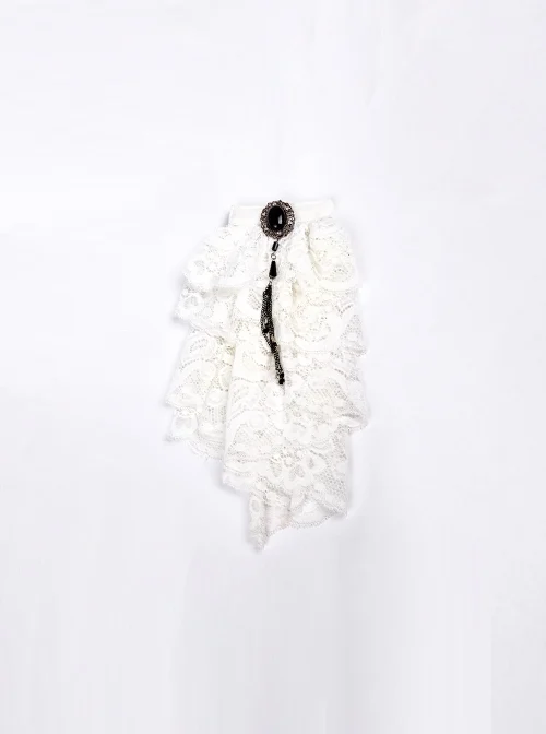 White Gem Pendant Frill Lace Gothic Neckties