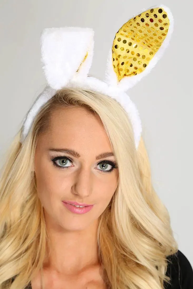 White Gold Sequin Faux Fur Bunny Ears