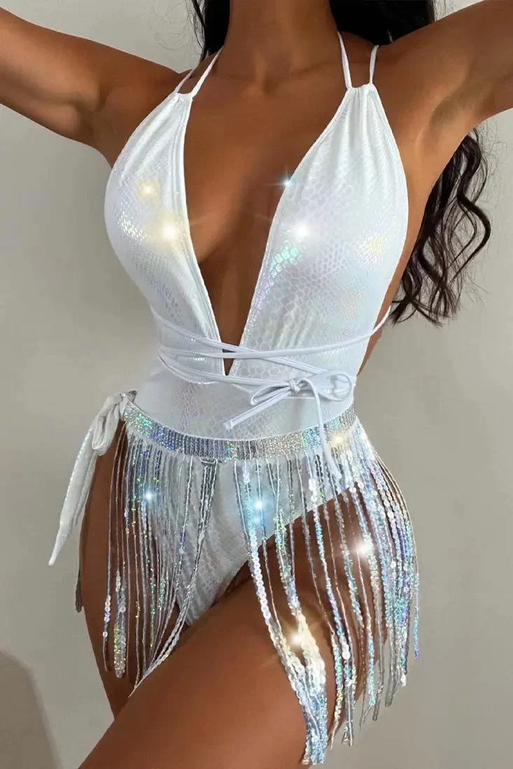 White Holographic Metallic Snake Monokini Sequin Fringe Sexy 2Pc Swimsuit Set
