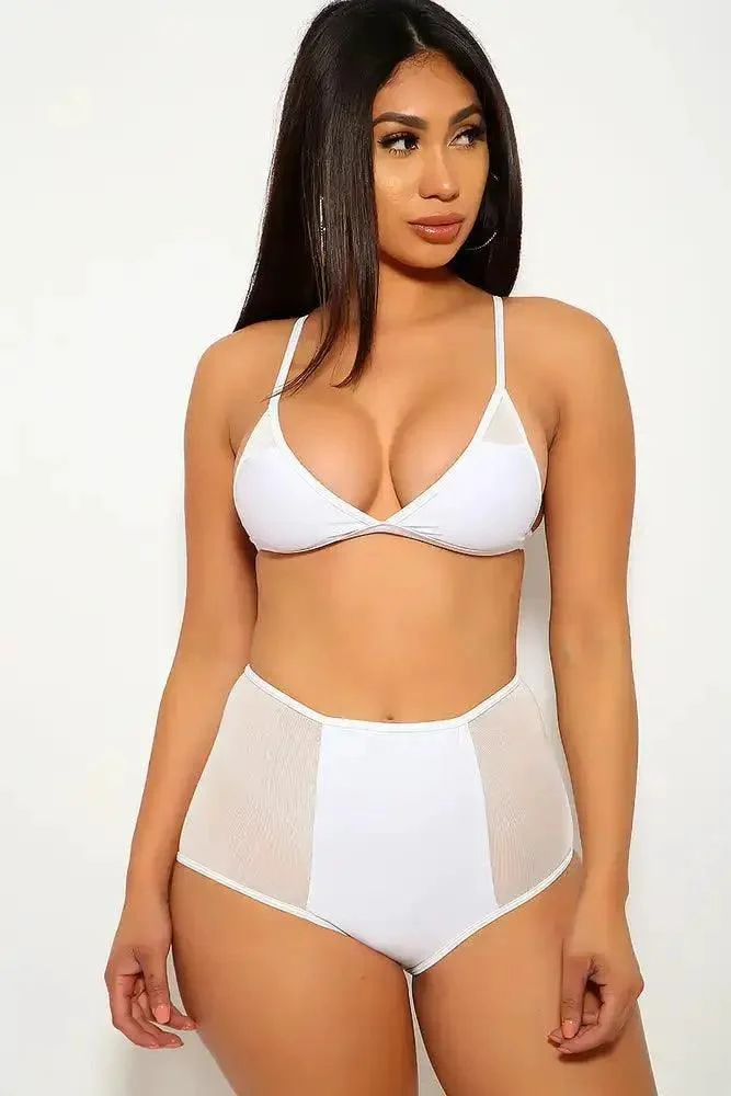 White Mesh Cut Outs Sexy Two Piece Swimsuit