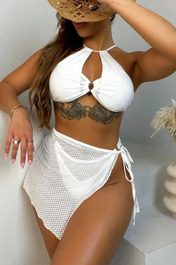 White Mesh Netted Halter Cover-Up Cut-Out 3Pc Swimsuit Set