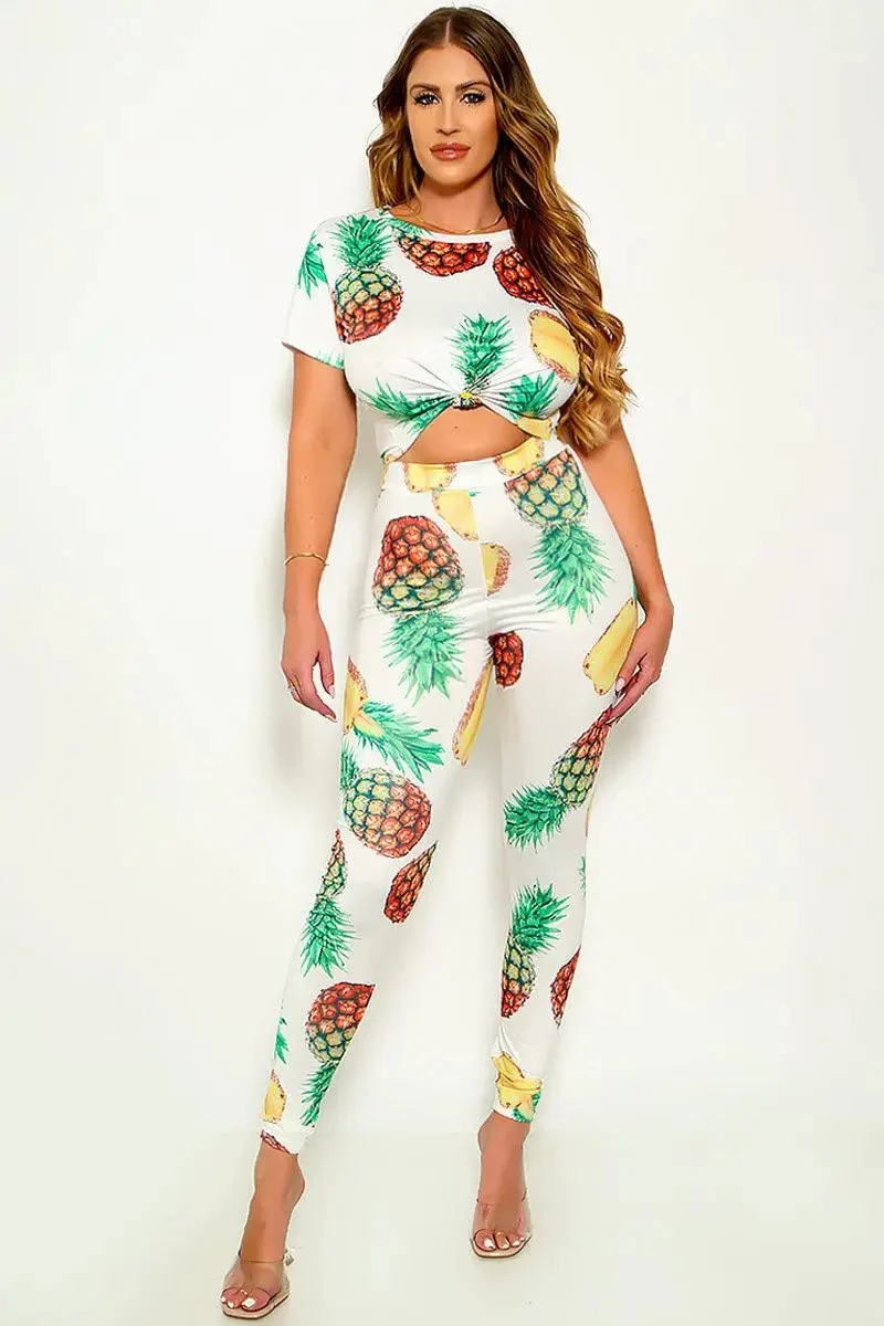 White Pineapple Print Top Leggings 2Pc Outfit Sexy Jumpsuit