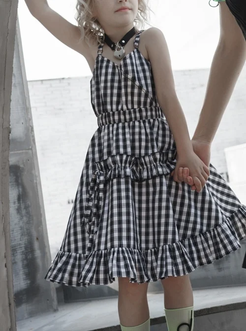 White Plaid A Type Flounce Lower Hem Punk Children Sling Dress
