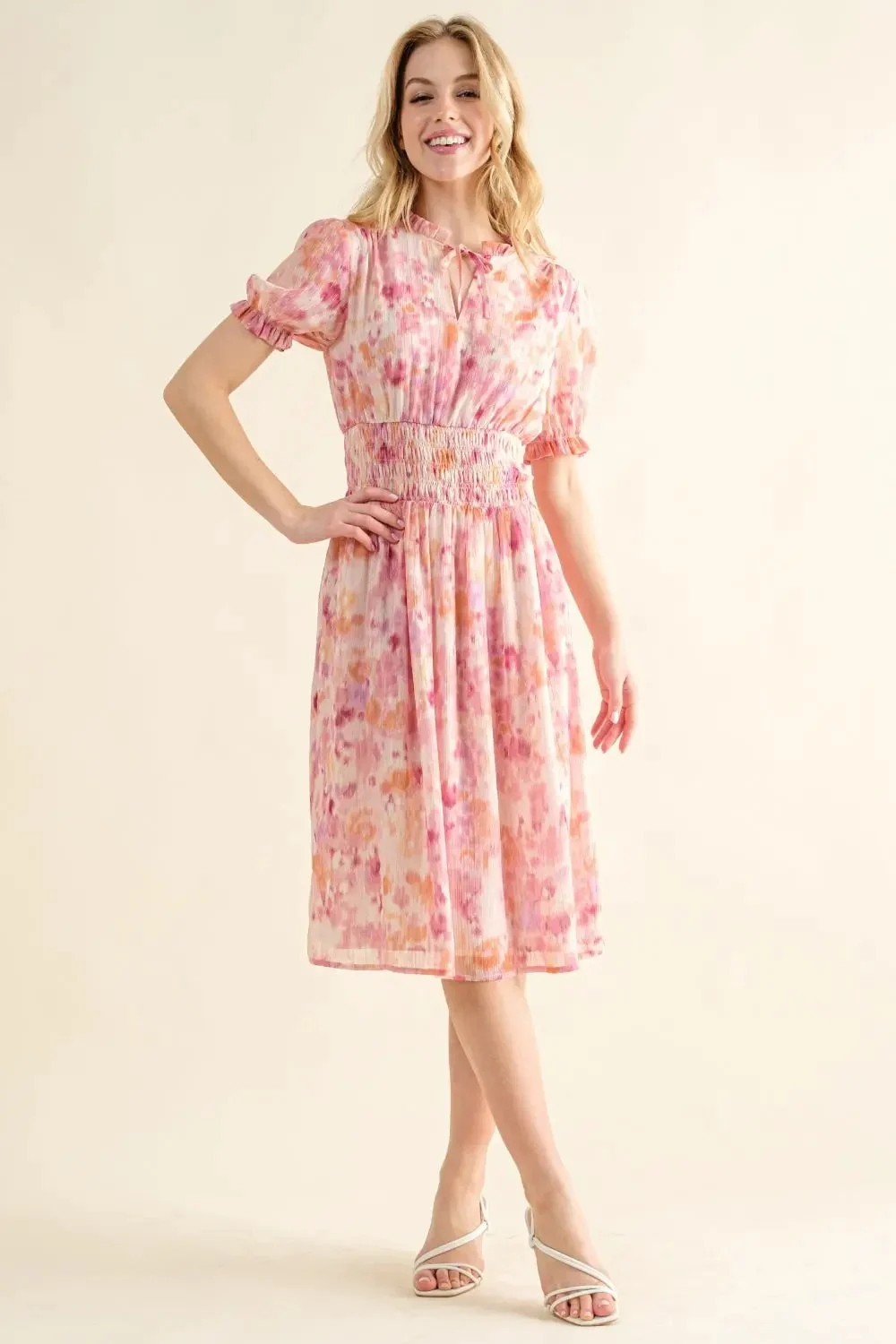 And The Why Full Size Smocked Waist Printed Midi Dress