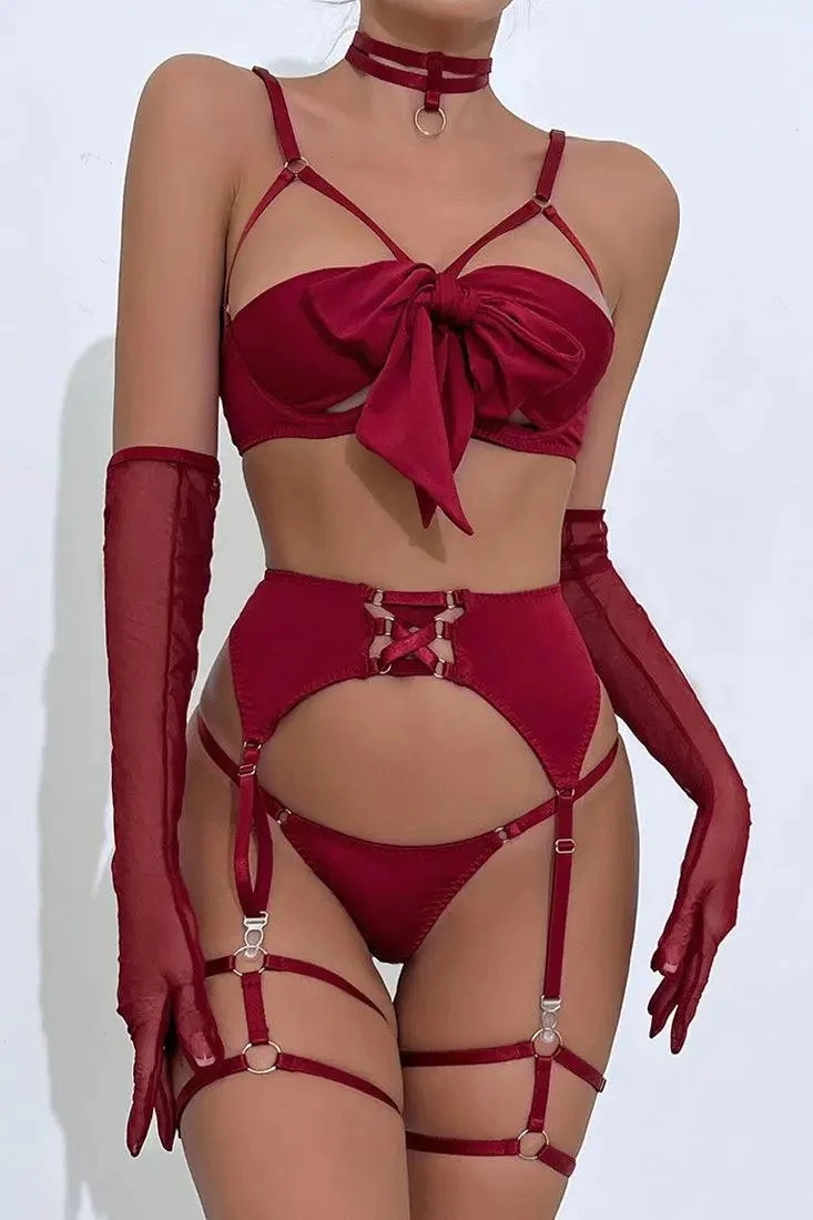 Wine Bow Strappy Thong Gloved Garter 7Pc Lingerie Set