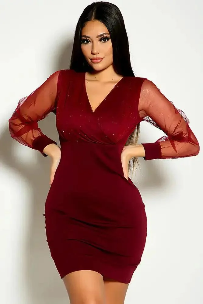 Wine Long Sleeve Sparkle Mesh Party Dress