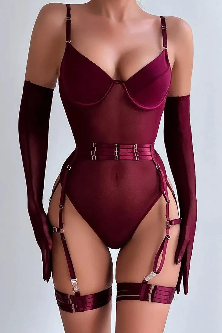 Wine Mesh Teddy Garter Belt Gloves 5Pc Sexy Lingerie