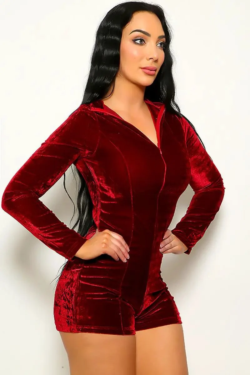 Wine Mock Neck Front Zipper Velvet Romper