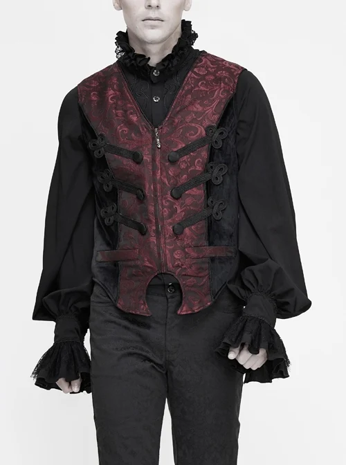 Wine Red Jacquard Chest Black Plate Buttons Back Lace-up Corner-Shaped Hem Gothic Waistcoat
