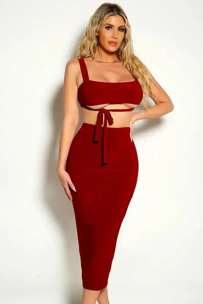 Wine Sleeveless Cropped Two Piece Dress