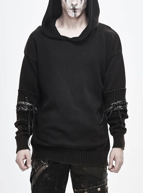 Worn-Out Long Sleeve Elbow Leather Strip Lace-Up Brown Punk Hooded Coarse Knit Sweater