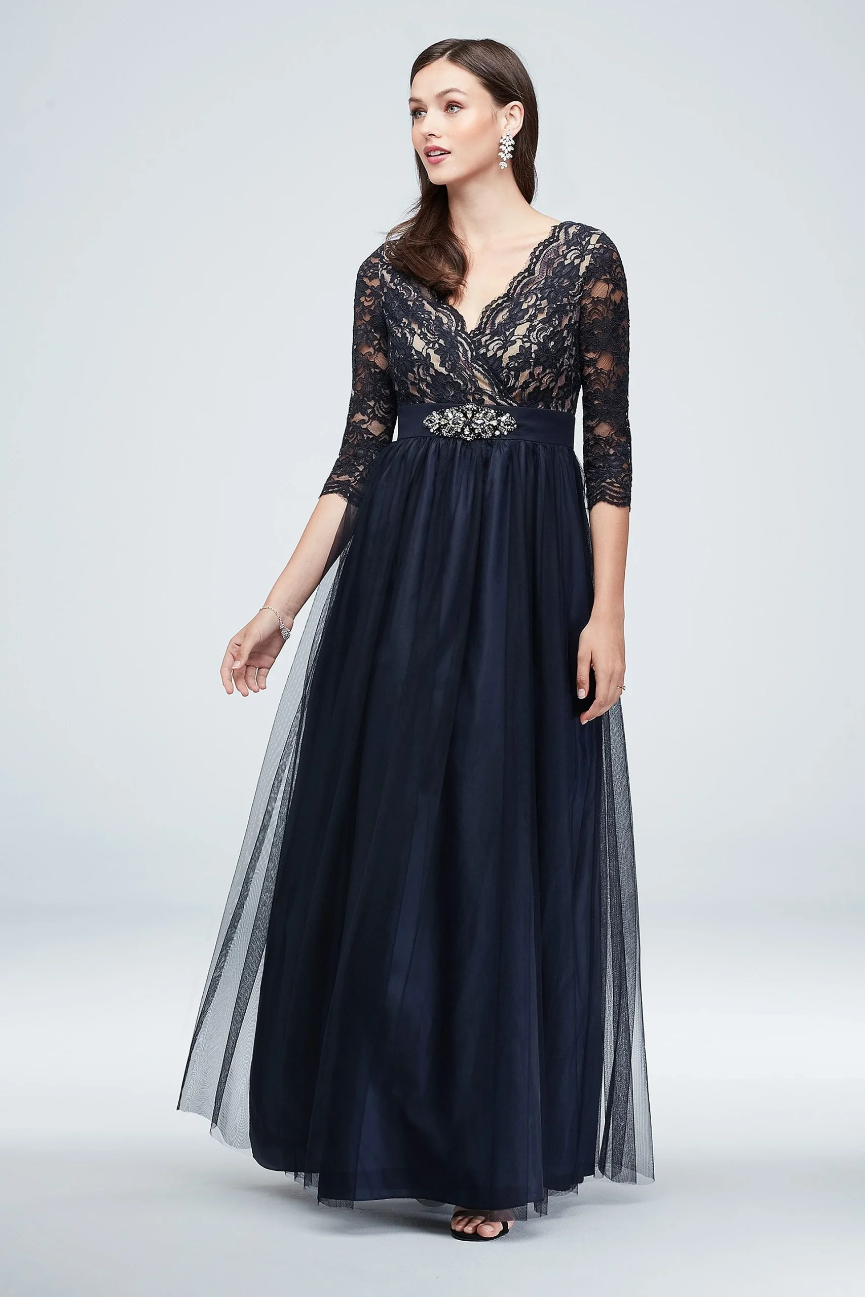 Wrap Bodice Illusion Lace Gown with Embellishment