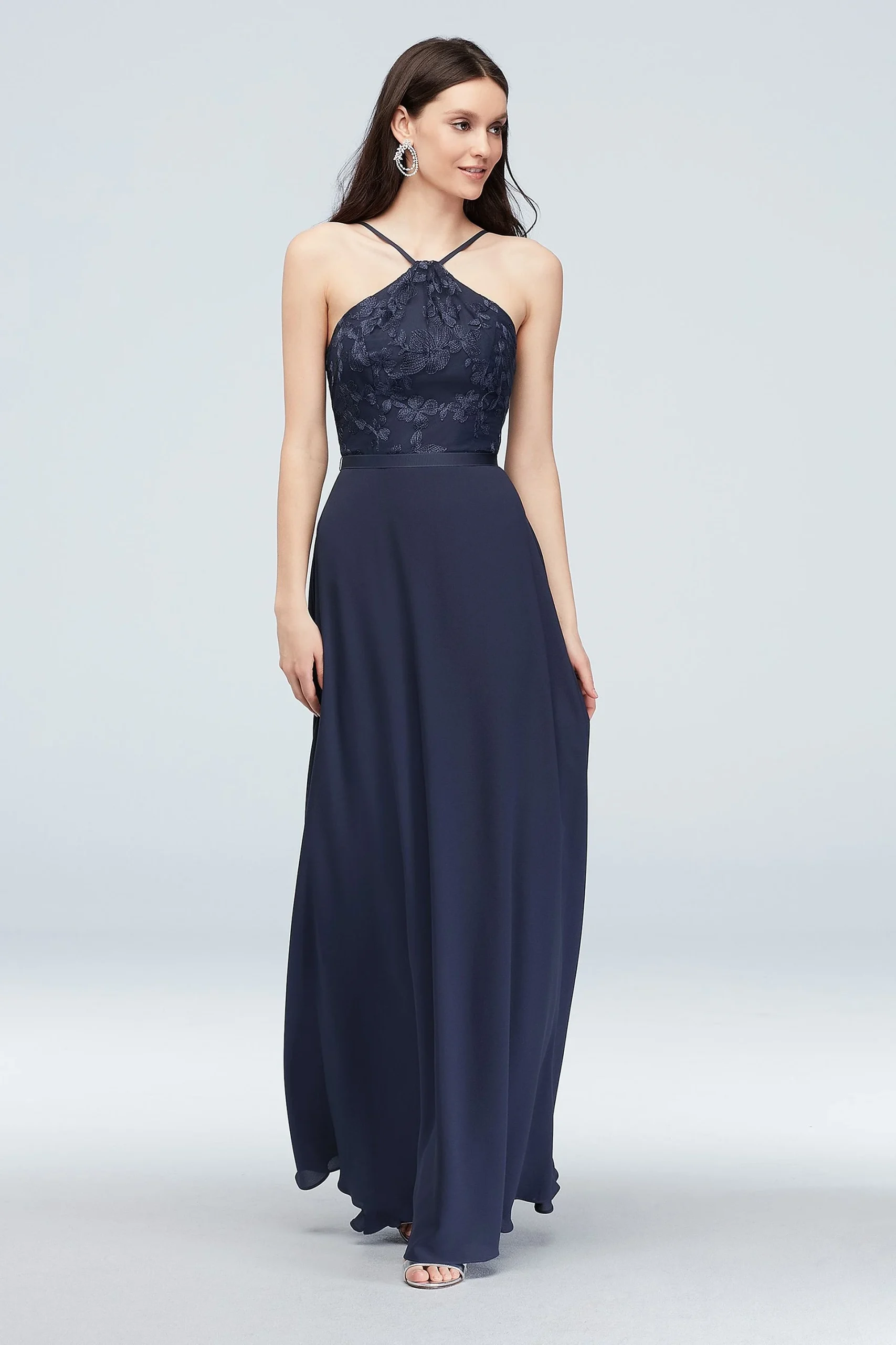 Y-Neck Embroidered Georgette Bridesmaid Dress