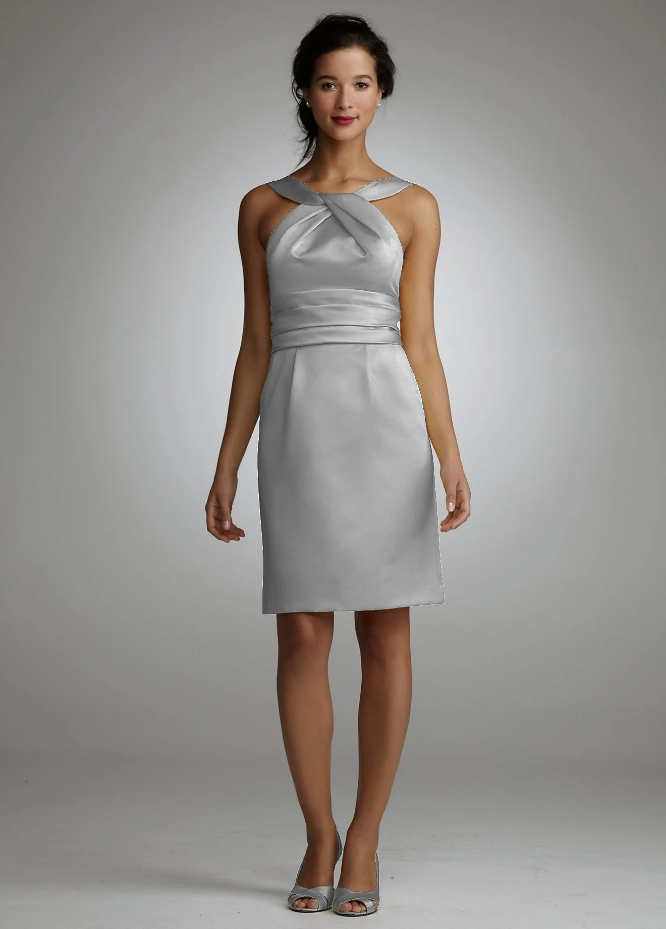 Y Neck Slim Satin Dress with Ruched Waistband