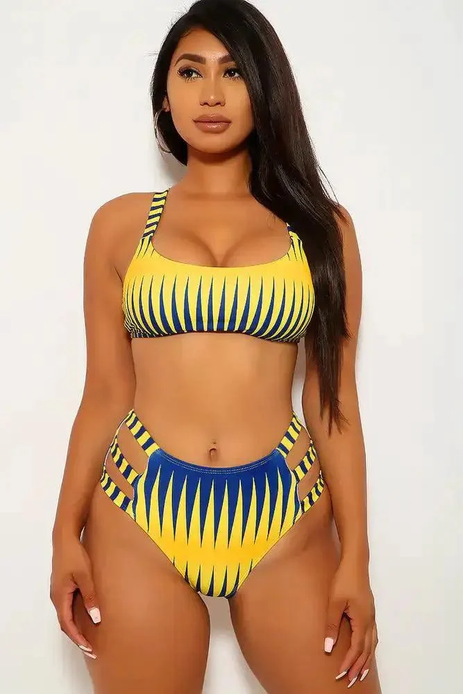 Yellow Navy Printed Strappy High Waist Two Piece Swimsuit
