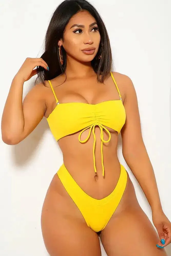 Yellow Ribbed Ruched Cheeky Two Piece Swimsuit