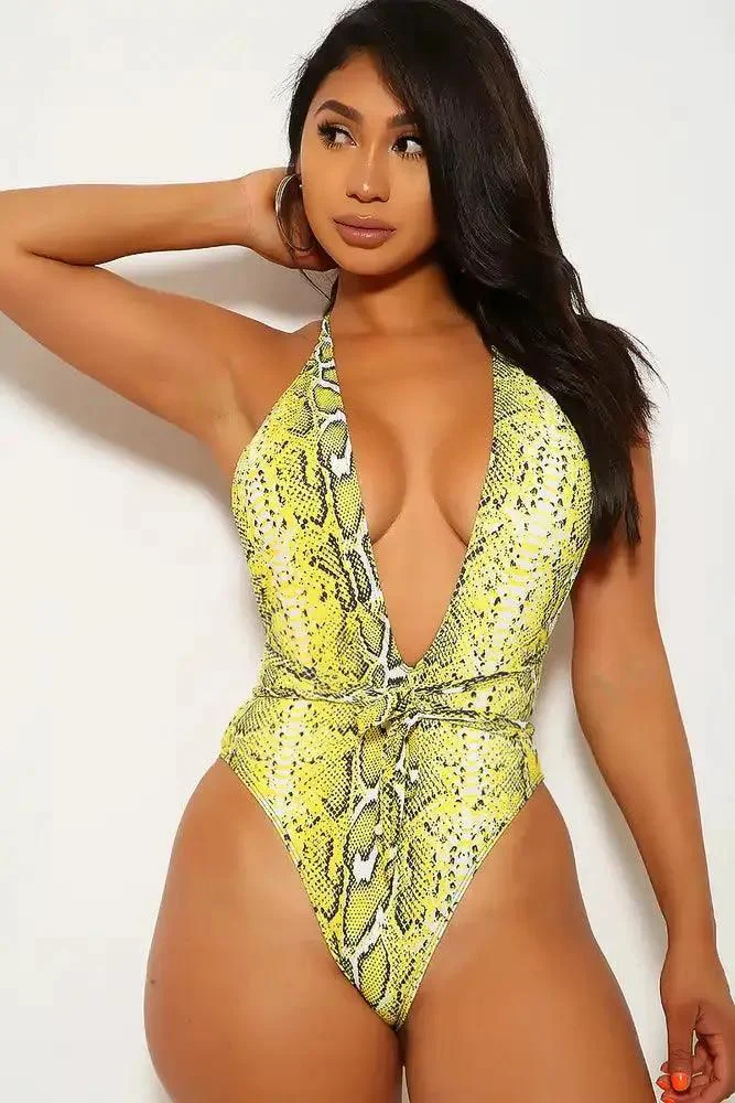 Yellow Snake Print Halter Wraparound Cheeky One Piece Swimsuit