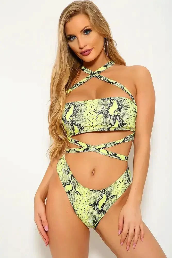 Yellow Snake Print Wrap Around Two Piece Swimsuit