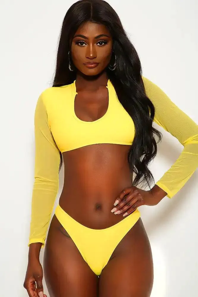 Yellow Two Piece Long Sleeves Mesh Swimsuit