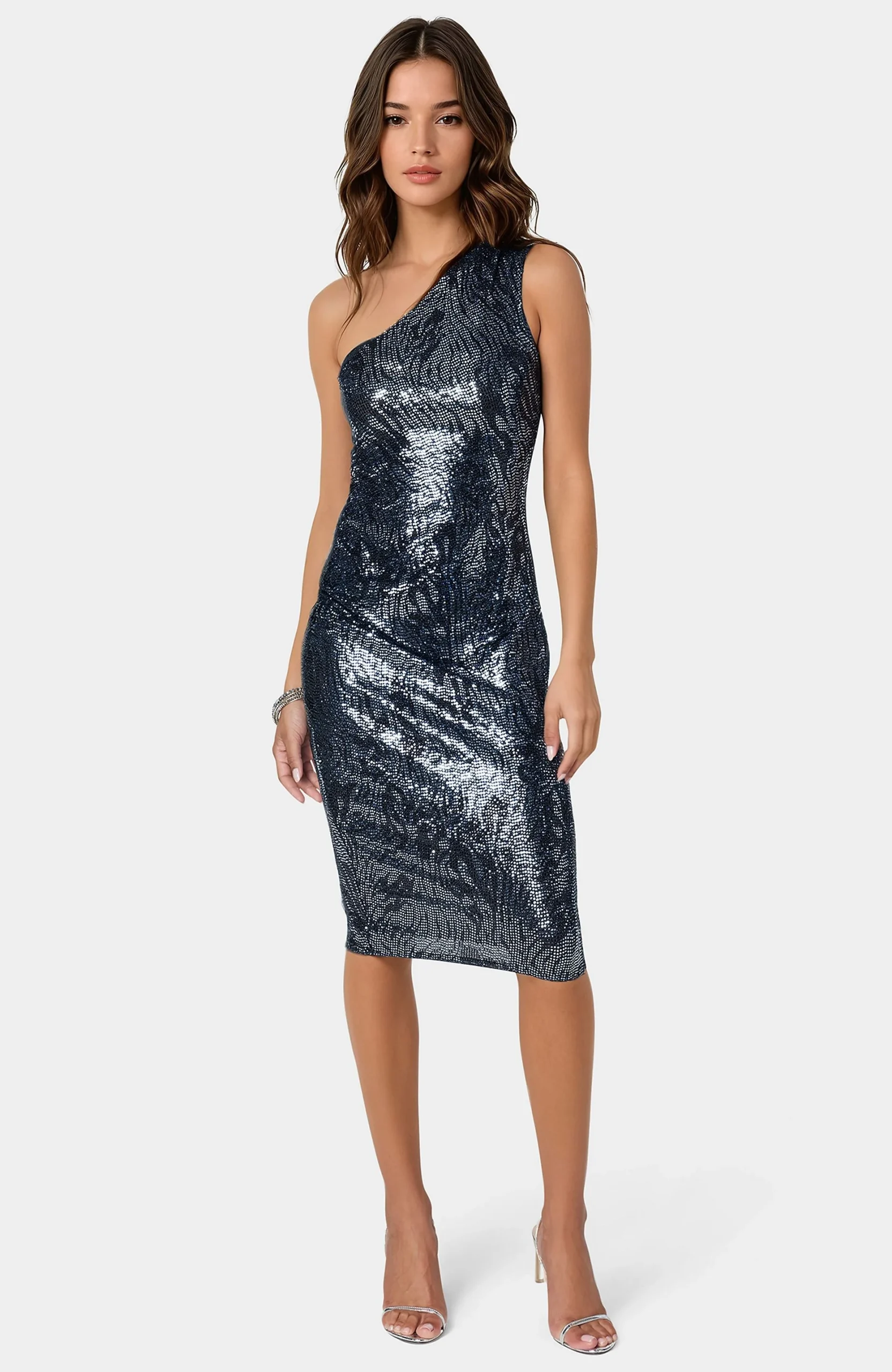 Zebra Sequin One Shoulder Midi Dress