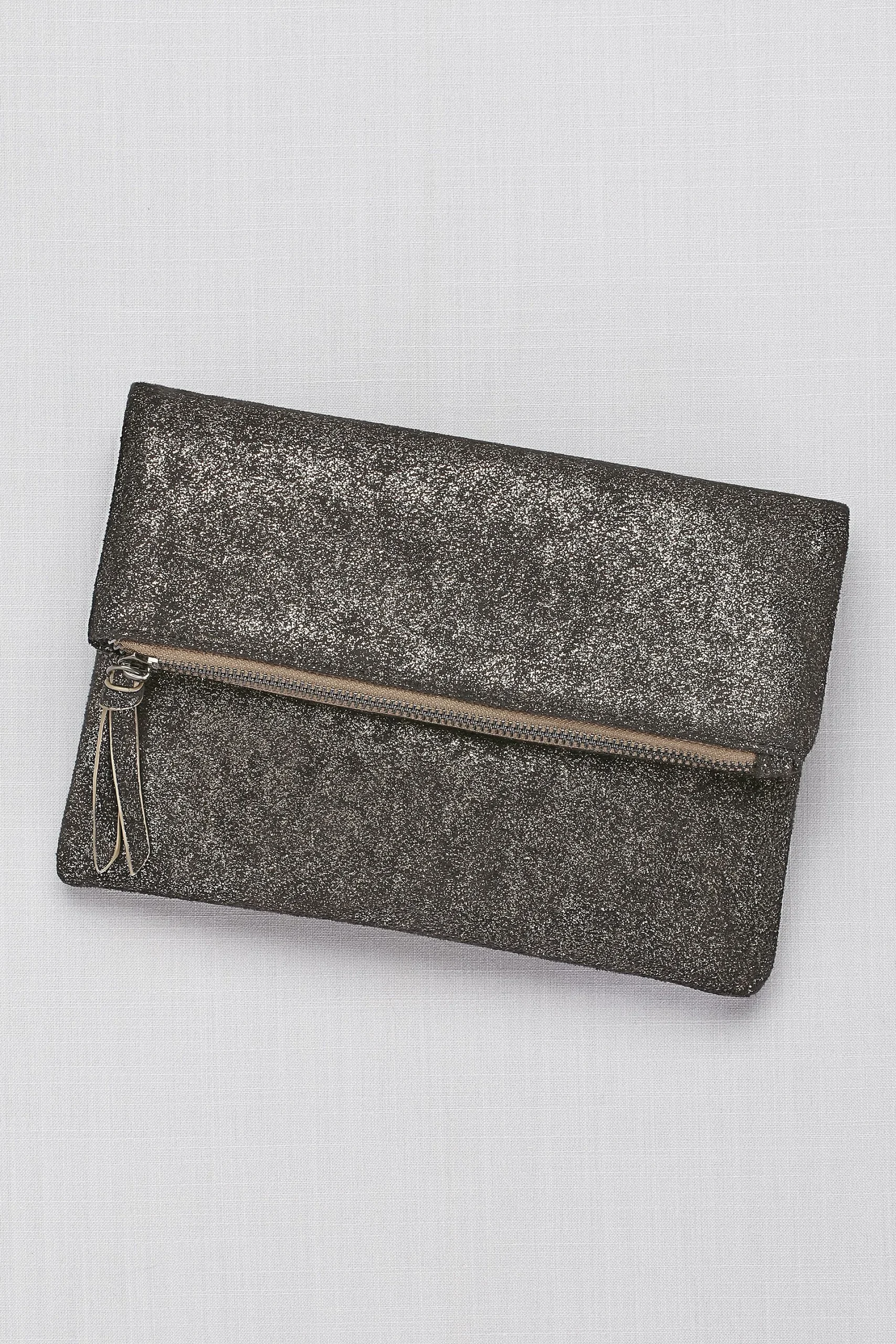 Zip-Top Metallic Foldover Clutch